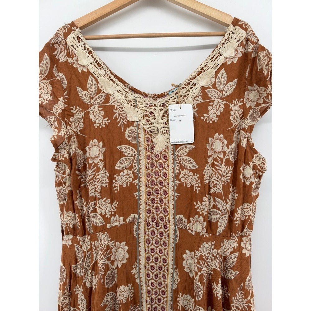 Nostalgia Boho Floral Lace Trim Handkerchief Hem Midi Dress Rust N1P80/A594 M